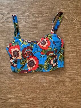 Blue Floral Bustier Crop Top with Adjustable Straps